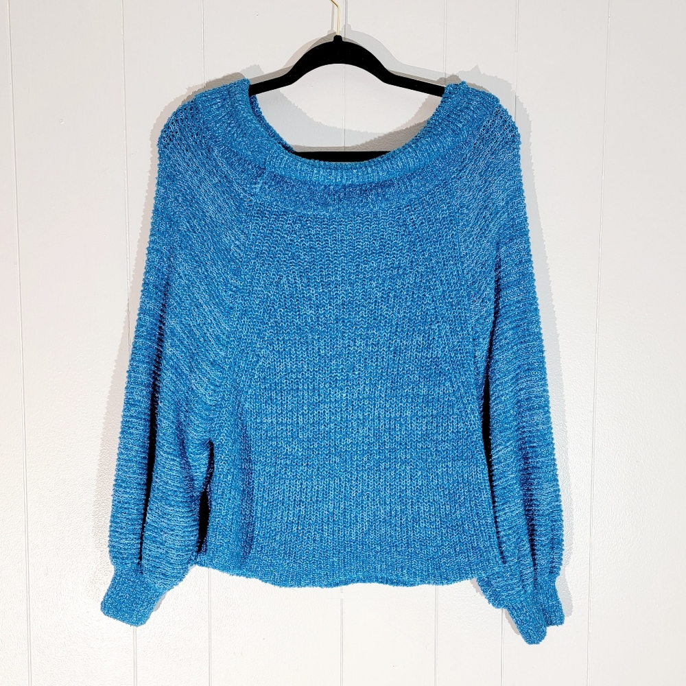 Free People Off The Shoulder Oversized Bright Blue Knit Sweater Small - Picture 5 of 5